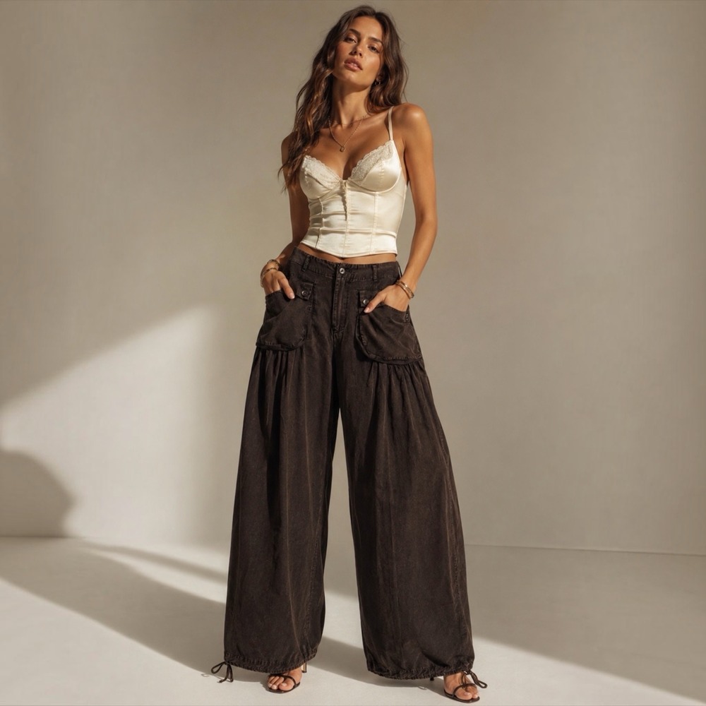 Oli & Hali Tencel Wide Leg Cargo Pants S Brown High Rise Drawstring Hem Y2K Boho